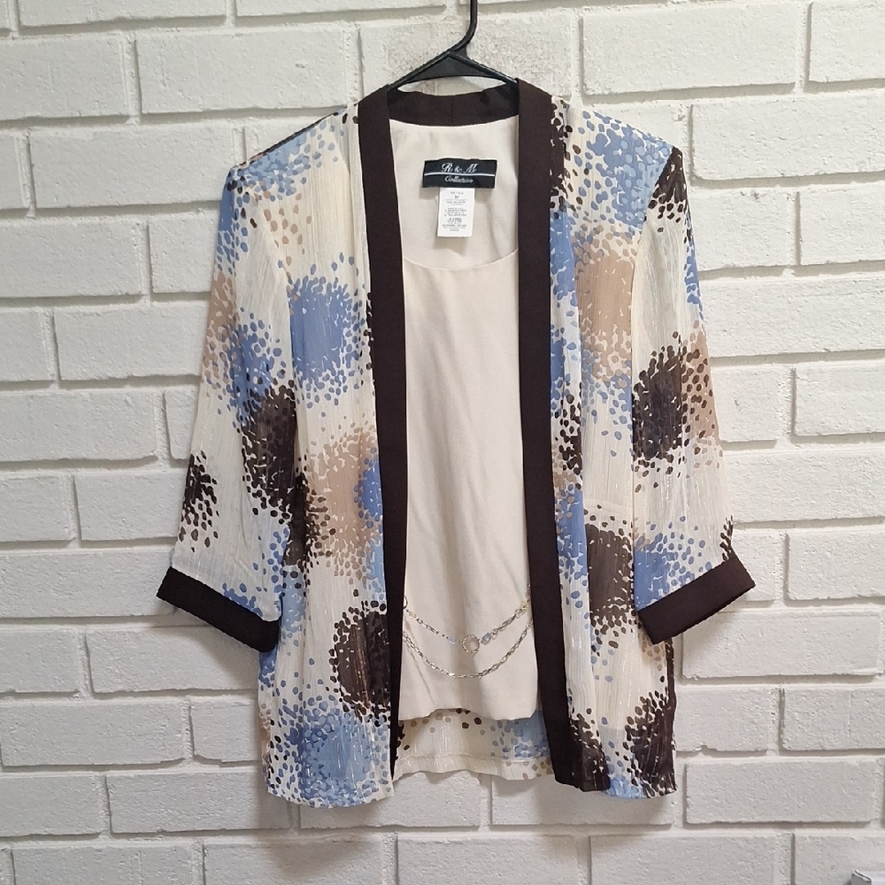 R&M Richards Blue and Brown Patterned   Business/Formal Top. Size 8 Petite